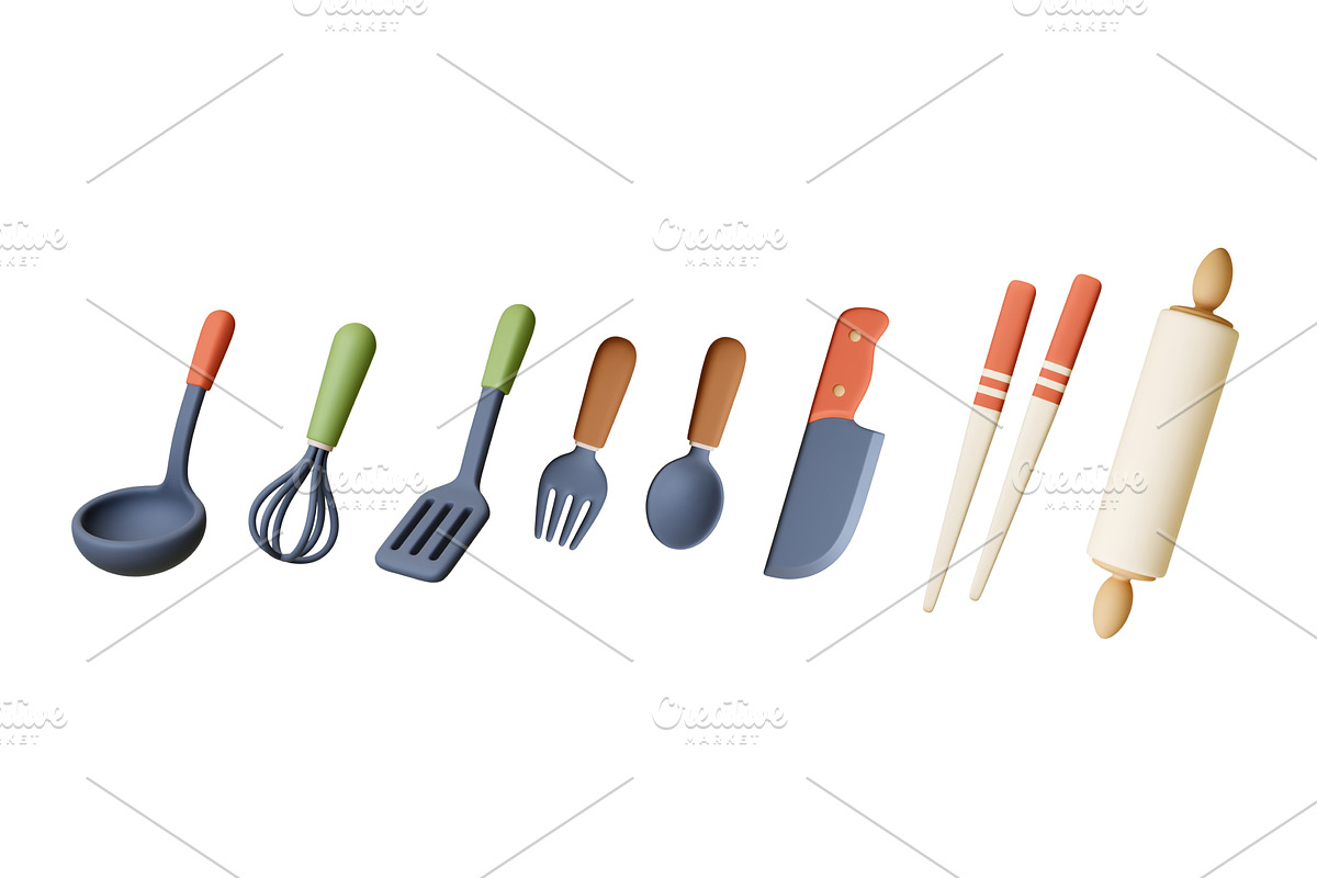 Utensils 3d icons. Ladle, spatula, a Food Illustration by Valerie Bodnar