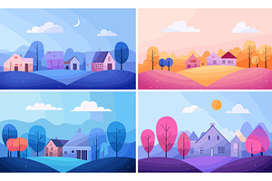 Tiny houses landscape cartoon vector, an Illustration by Onyx
