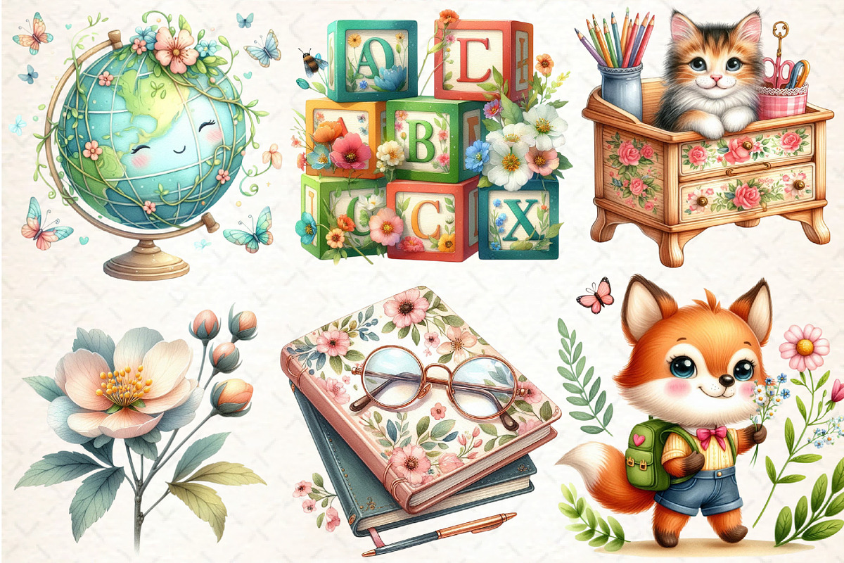 Watercolor Spring School Clipart, an Illustration by DreamCafeArt (Photo 3 of 5)