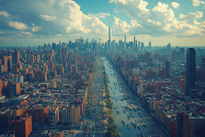 City skyline showcases a bustling ri, a Photo by Tanuart