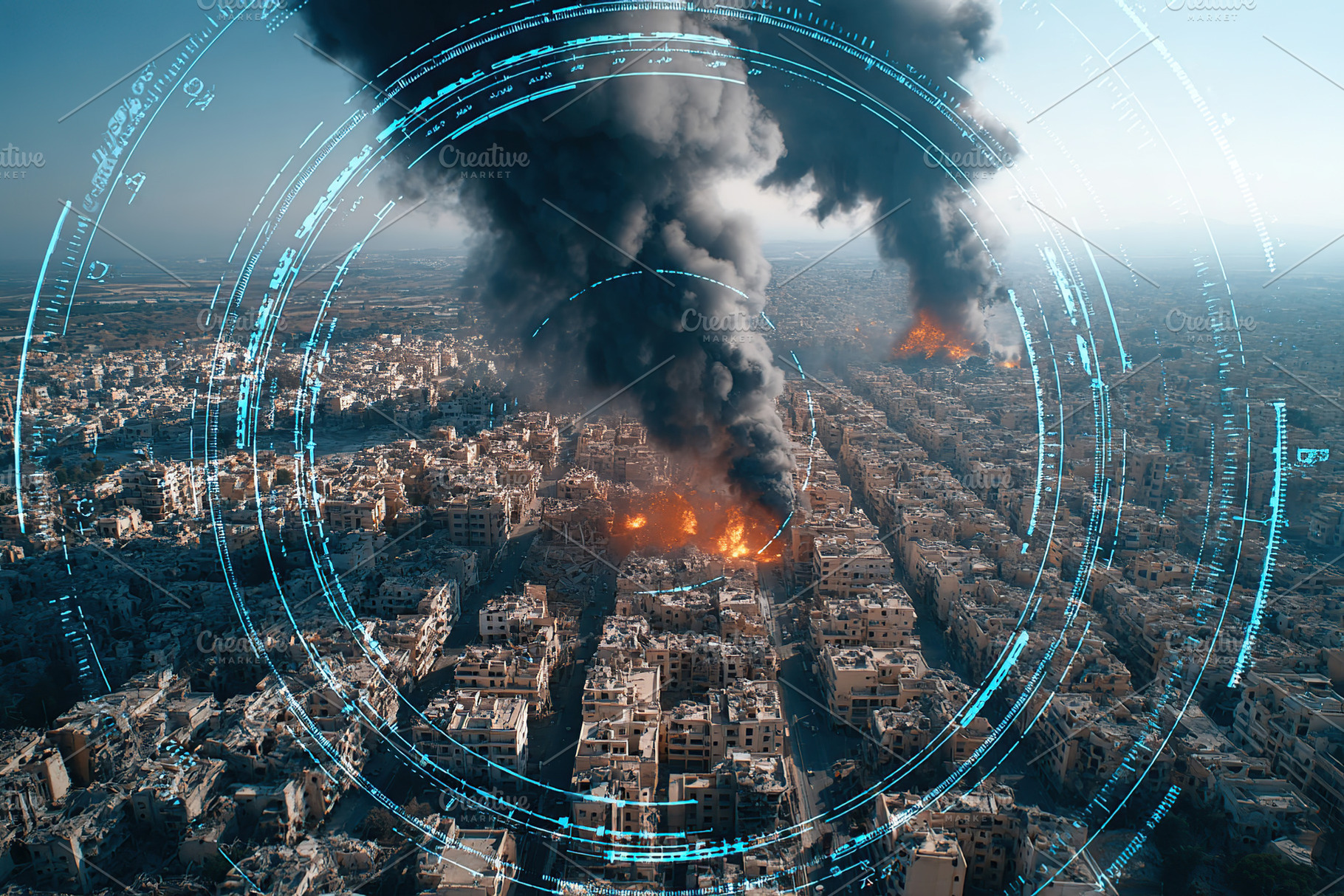 Drone surveillance captures devastation in evacuated city during conflict, a Photo by AlyaAnd