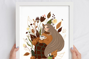 Fall Girl Autumn Leaves Poster Print