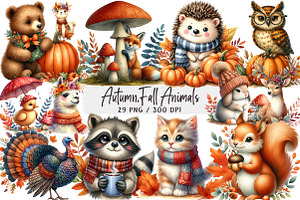 Autumn,Fall Animals Clipart, an Illustration by DreamArtGraphic
