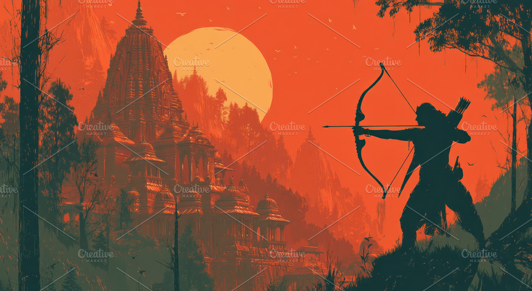 Lord Rama Archer Silhouette Aiming Arrow Toward Grand Hindu Temp, a Person Photo by José Manuel Gelpi