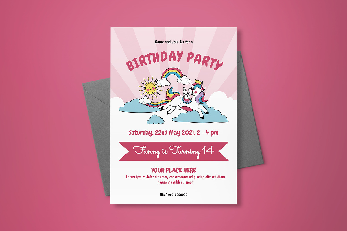 Pink Unicorn Birthday Invitation, an Invitation Template by graphicook (Photo 2 of 3)