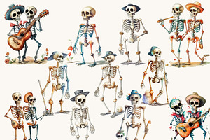 Watercolor Cute Skeleton Clipart