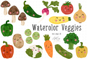 Watercolor Veggies With & W/o Faces