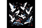 Oriental Cranes with Blue Flowers, an Animal Illustration by Sharon Schwalbe (Thumbnail 2 of 4)
