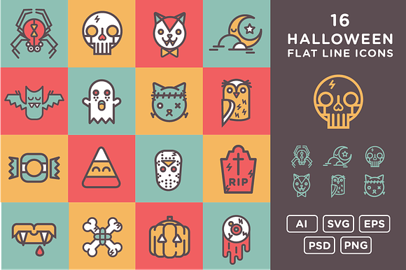16 Halloween Flat Line Icons
