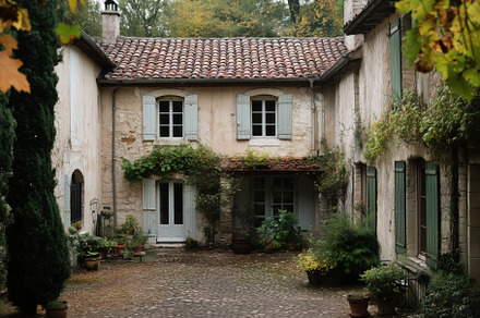A charming Country French house style courtyard of a rustic house with a tiled, an Architecture Photo by Textures & Backgrounds