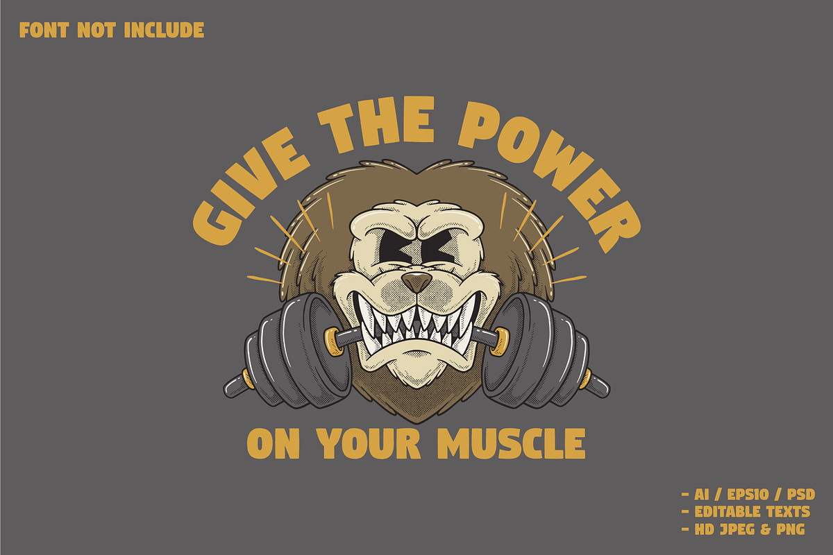 lion head biting dumbbells mascot, a Branding & Logo Template by Judsart
