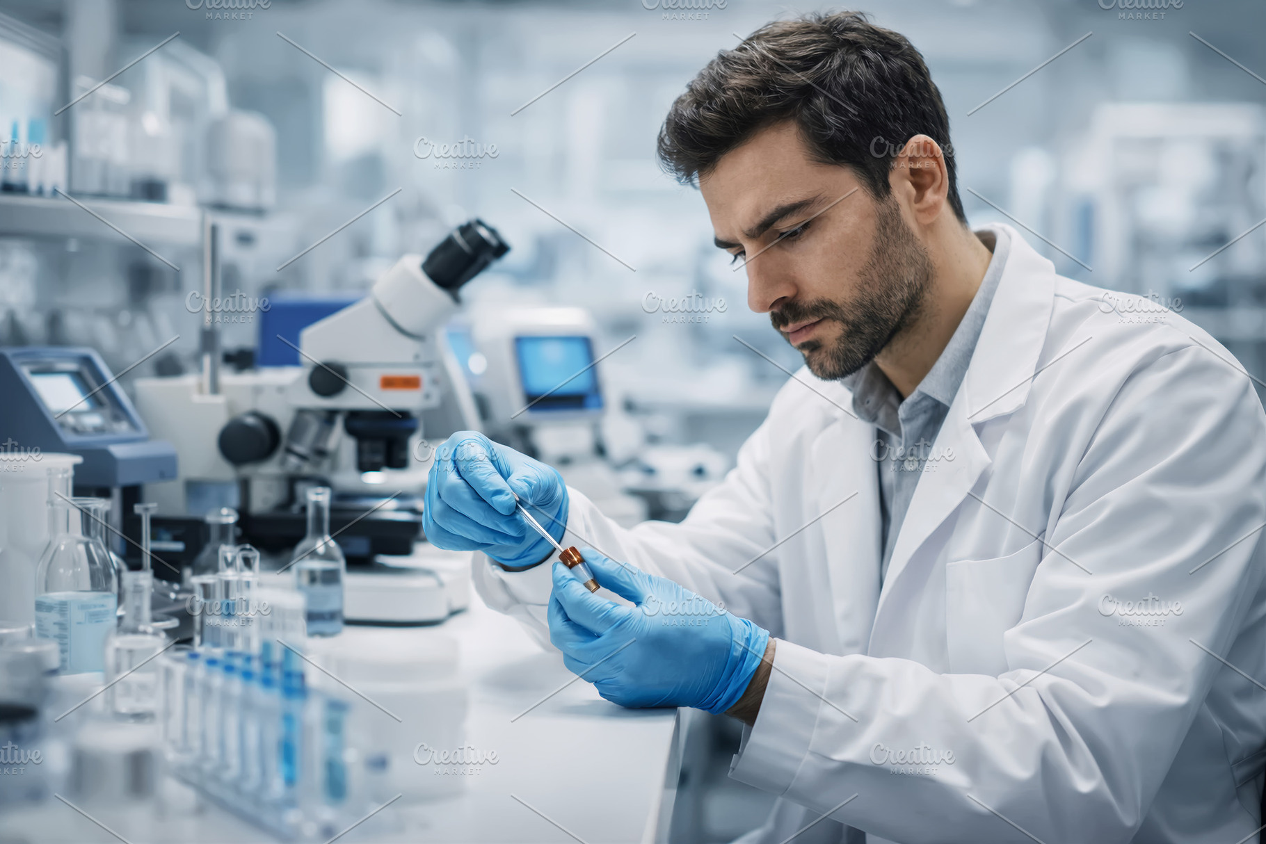 A research scientist manipulates a s, a Health & Medical Photo by angellodeco