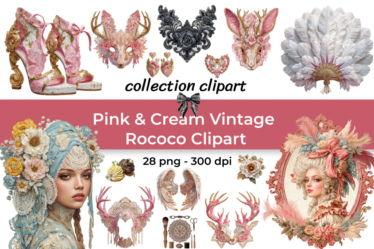 Pink & Cream Vintage Rococo Clipart, a Decorative Illustration by InkyQueenArt (Photo 1 of 6)