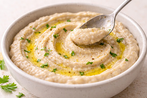 Creamy hummus garnished with olive o, a Photo by Dvoevnore photos