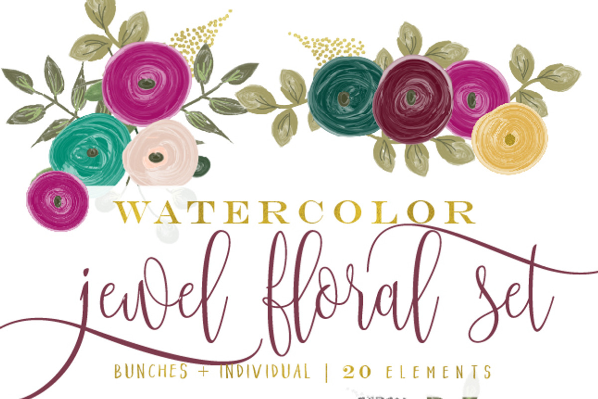 Jewel tone watercolor floral clipart, an Illustration by Freshmint Paperie (Photo 2 of 3)