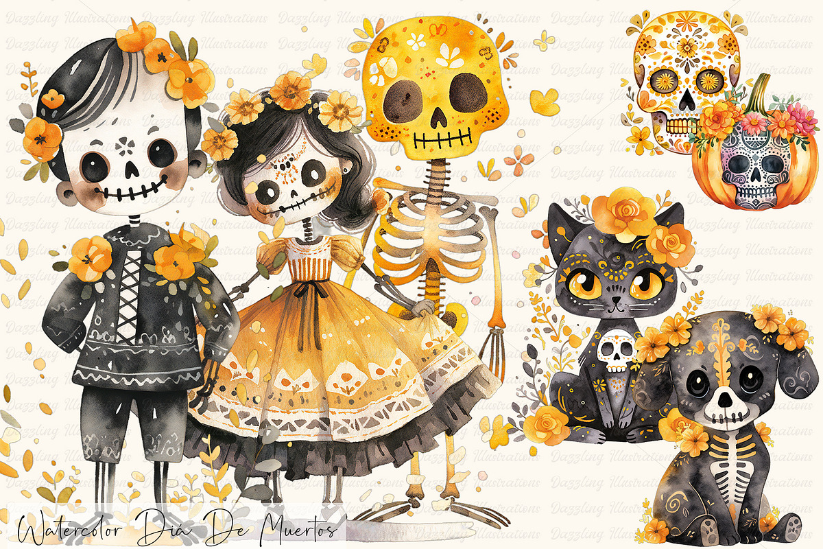 Watercolor Diá de Muertos Set, a Seasonal Illustration by Dazzling Art Boutique (Photo 1 of 9)