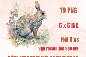 Watercolor Floral Rabbits Clipart