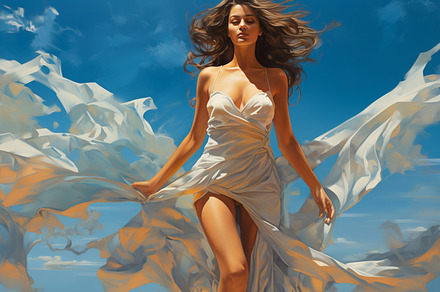 Beautiful young woman with flying ha, a Photo by LOGOCREATIVE