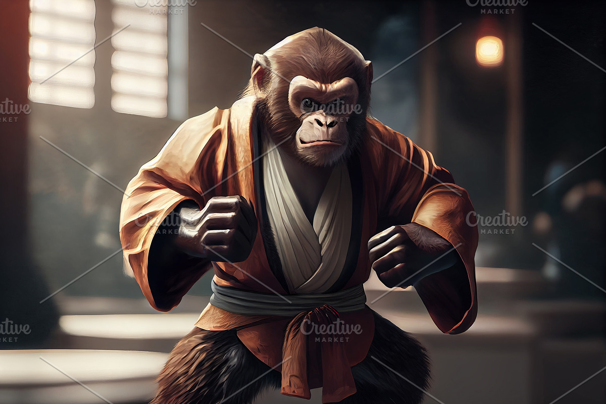 Monkey practicing kong fu and karate, a Technology Illustration by Olyryk & Aglo