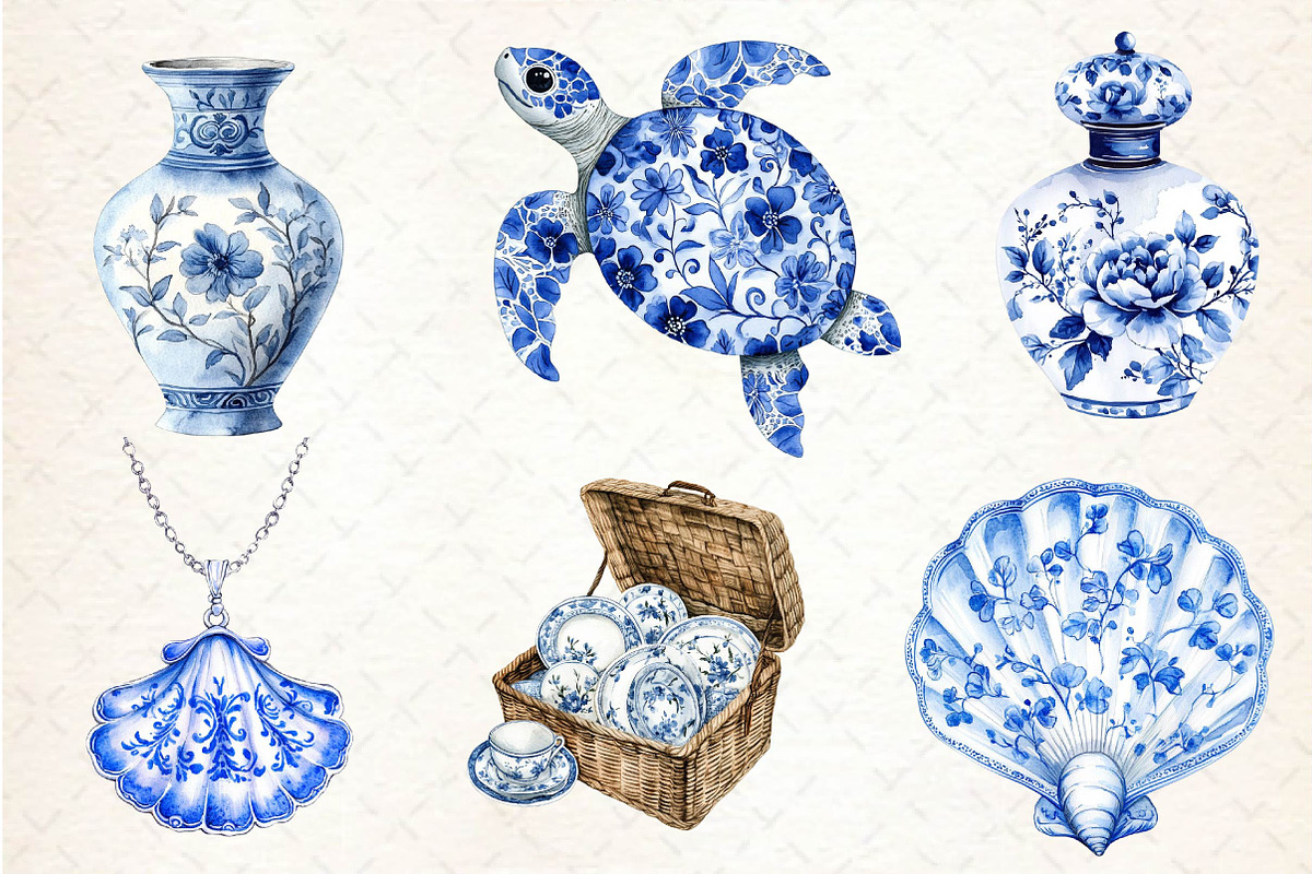 Blue Chinoiserie Summer Clipart, an Illustration by Dream Creation (Photo 4 of 6)