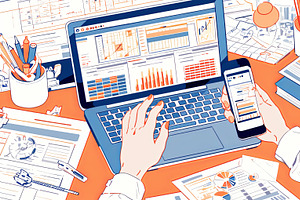 Professional analyzing data on computer and smartphone in a modern workplace, an Illustration by AS photostudio