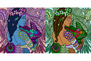 Exotic Girl With Chameleon Line Art, an Animal Illustration by AntonyChernianu (Thumbnail 2 of 2)