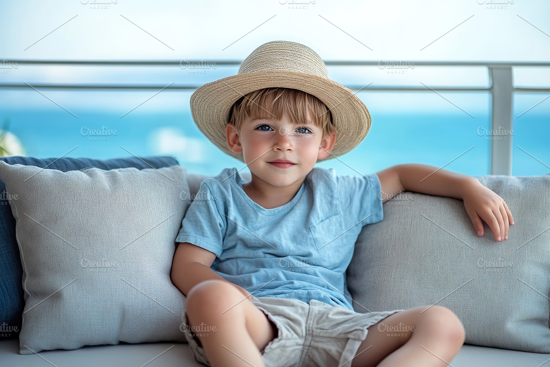 Boy enjoys a sunny day sitting on a soft couch by the ocean, a Person Photo by AlyaAnd