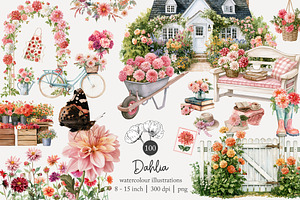 100 watercolour dahlia clip art, a Seasonal Illustration by Poppy Lane Studio