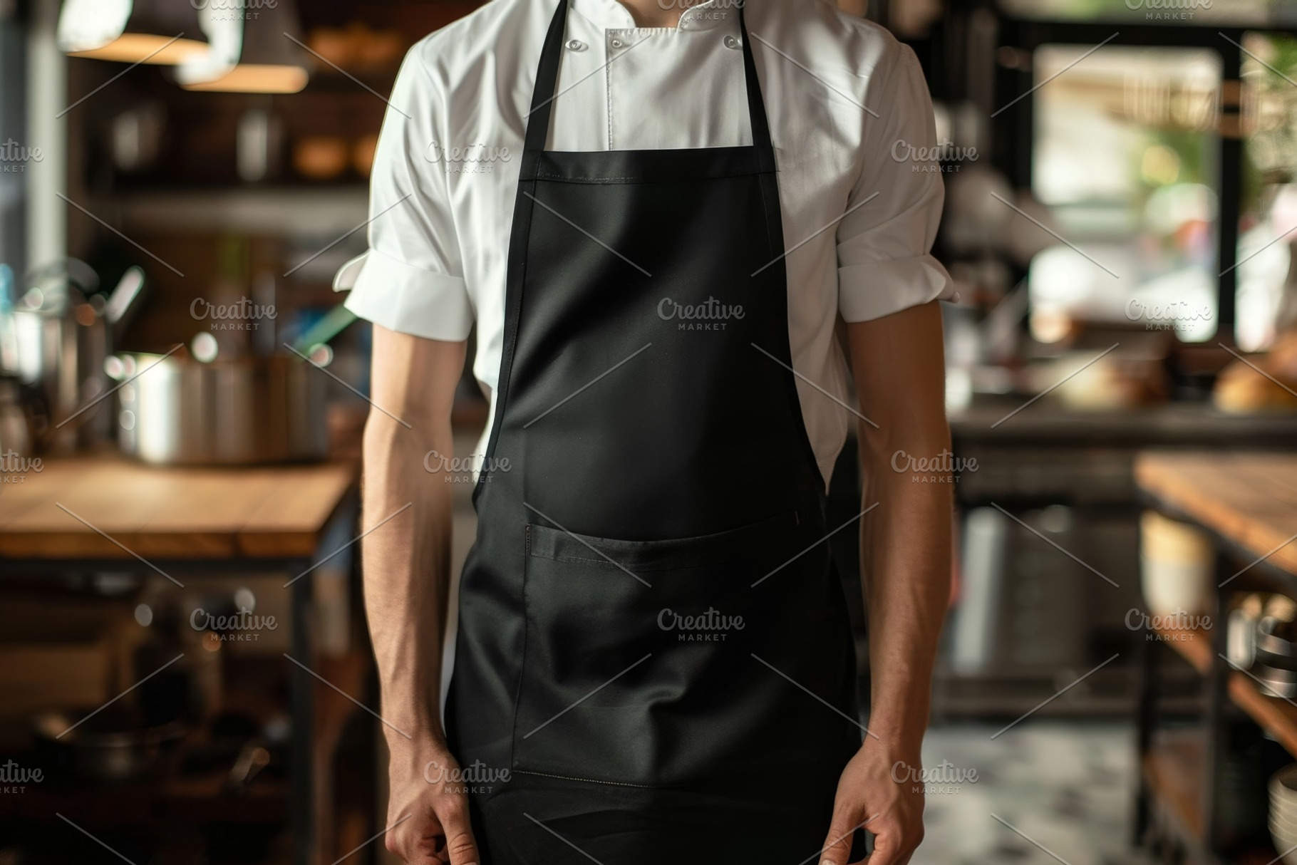 A chef in a black apron is poised in, a Photo by Tanuart