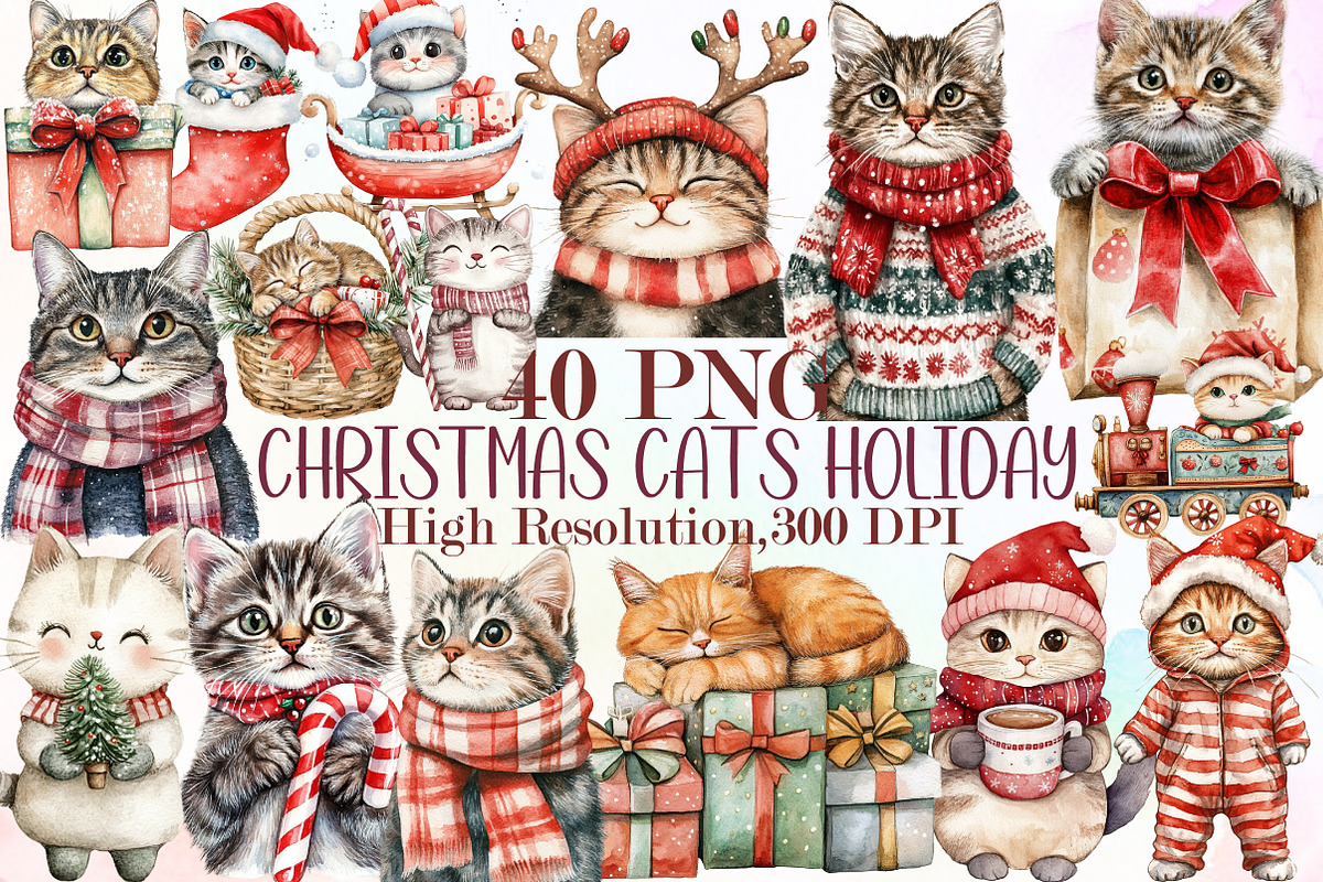 Christmas Cats Holiday Cats Set, an Illustration by Sublimation Artist (Photo 1 of 6)
