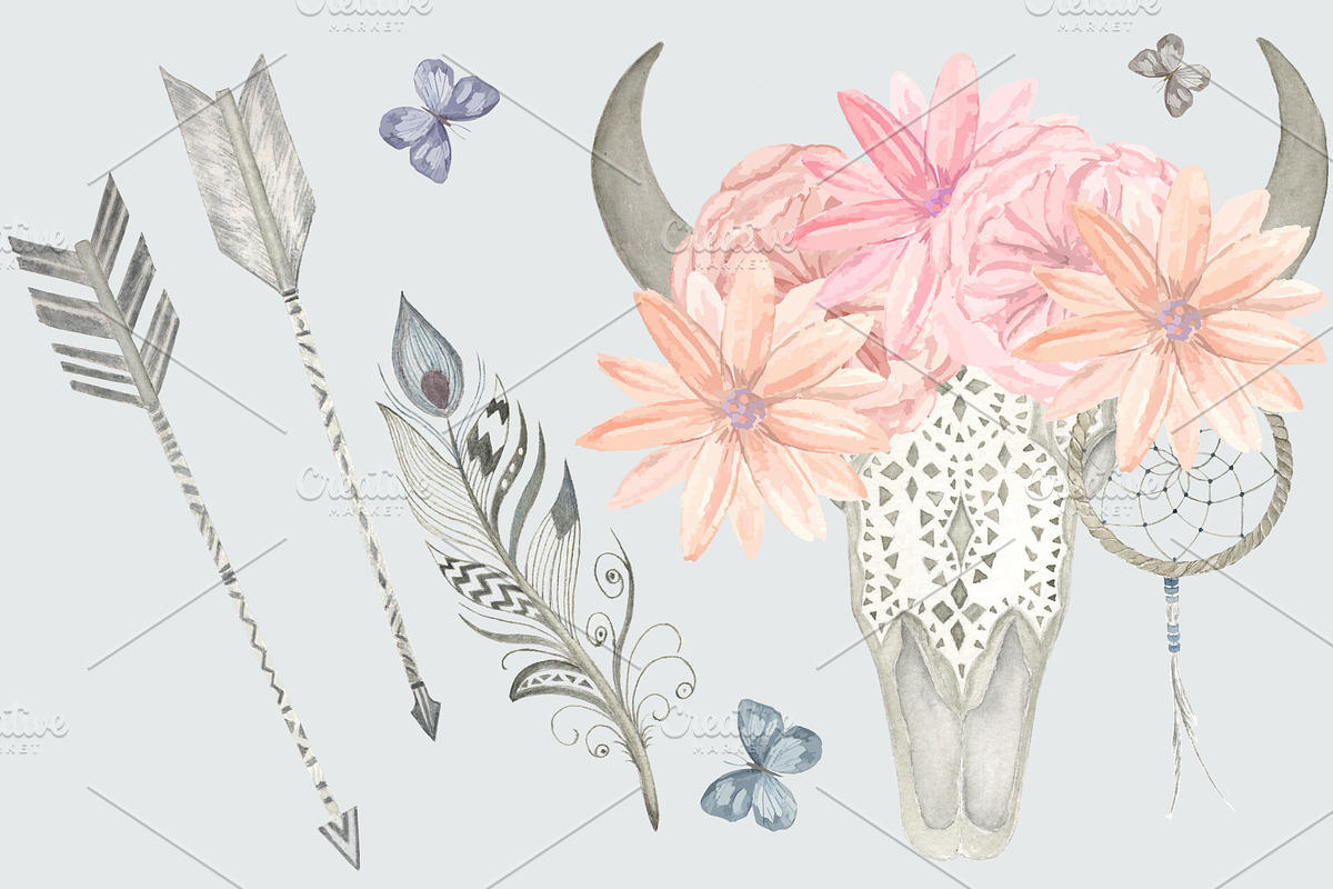 Watercolor skull bull, flowers, a Graphic by Natikka Art (Photo 5 of 5)