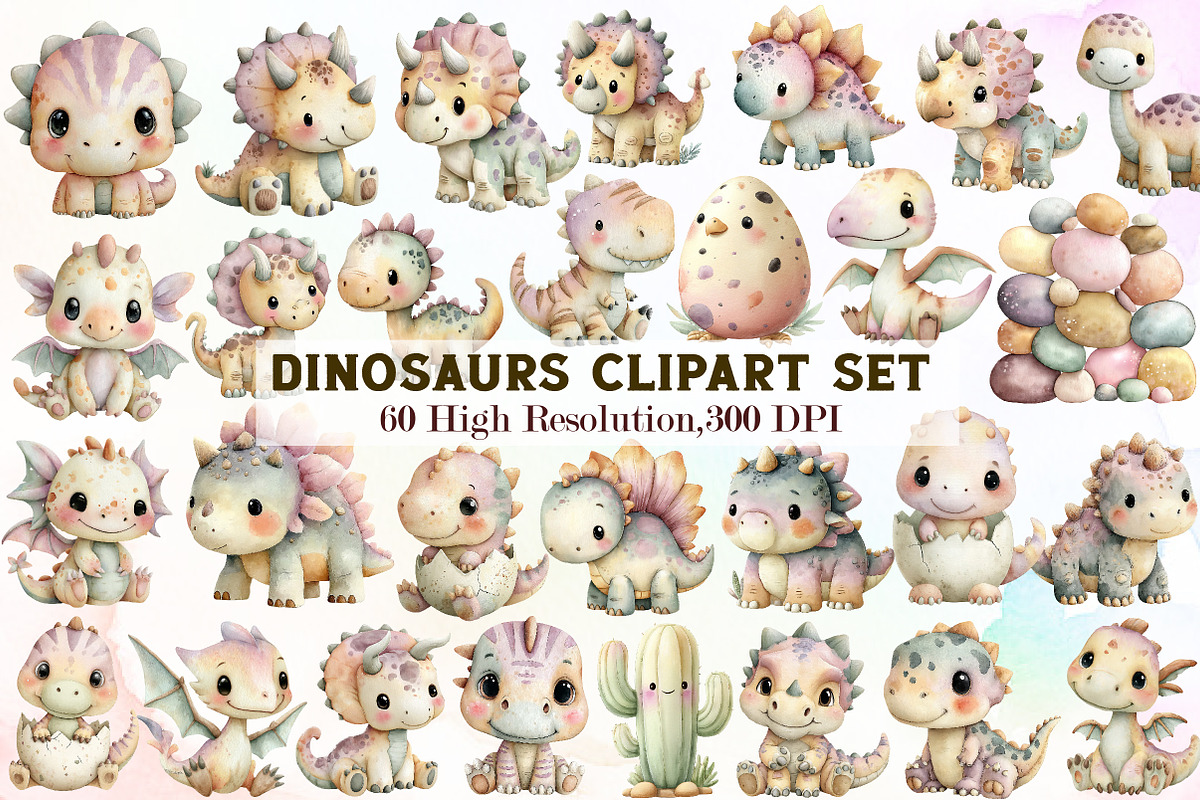 Dinosaurs Watercolor Clipart, an Illustration by Sublimation Artist (Photo 1 of 7)