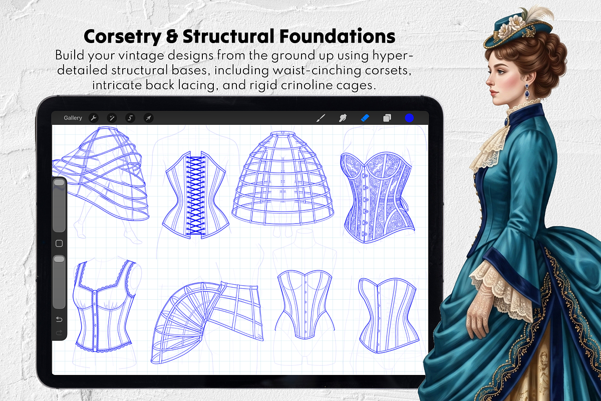 215 Victorian Dress Procreate Stamps, a Brush Add-On by Selentaori Studio (Photo 9 of 12)