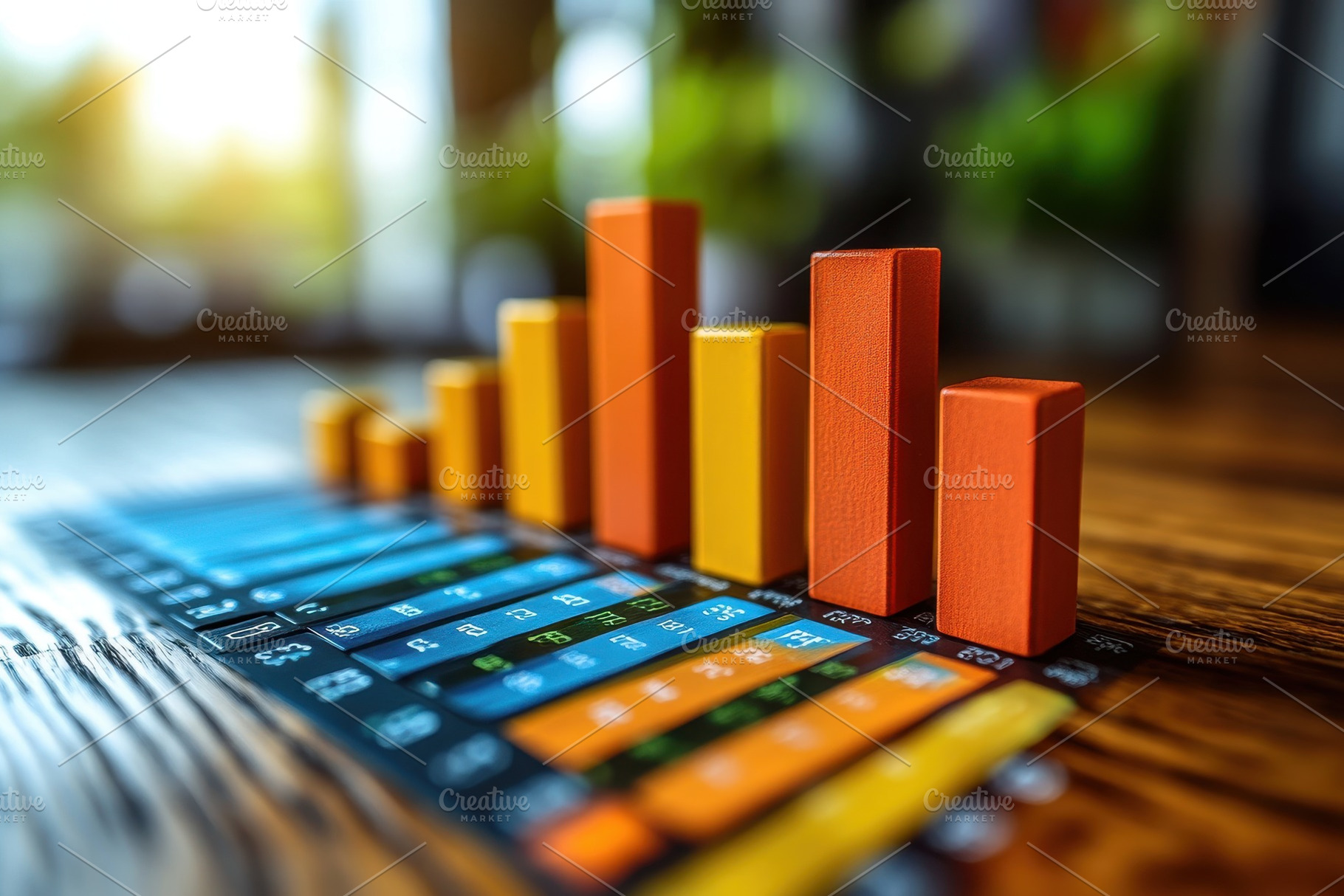 Colorful 3D bar graph on wooden tabl, a Photo by Tanuart