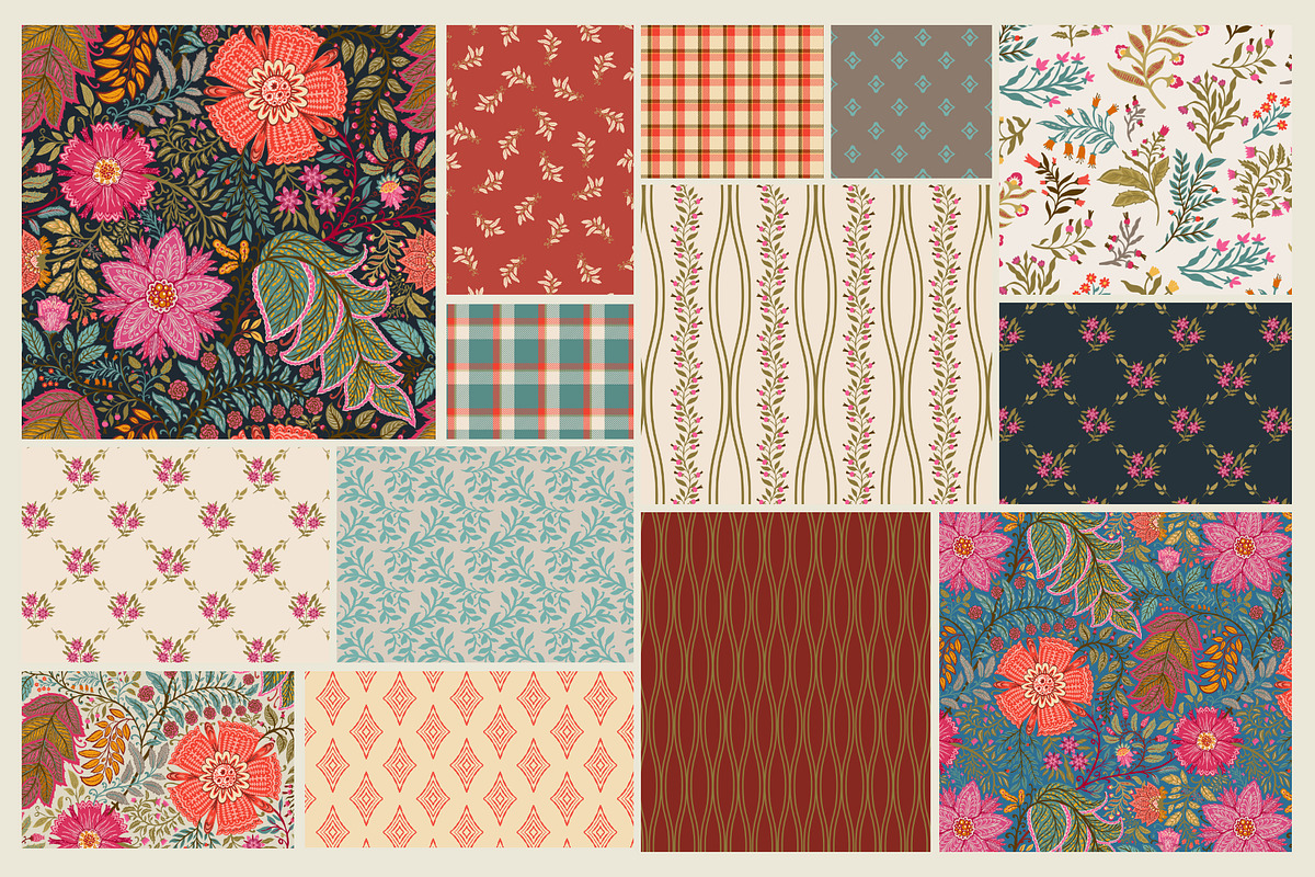 Jacobean Floral & Tartan Patterns, a Pattern Graphic by Sonulkaster (Photo 4 of 10)
