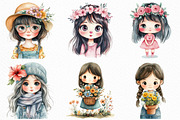 Cute Chibi Floral Girls Clipart, an Illustration by Craft Nest (Thumbnail 5 of 6)