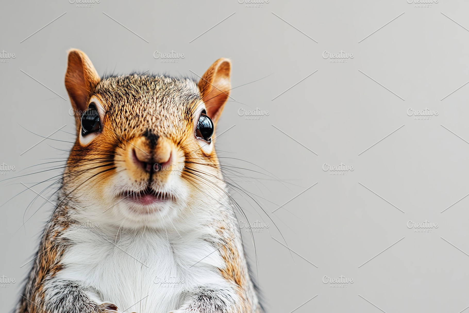 Portrait of red squirrel on grey background, an Animal Photo by AlyaAnd