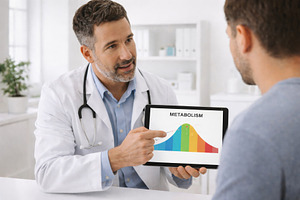 Doctor consulting patient about metabolism using tablet as educa, a Photo by Dvoevnore photos