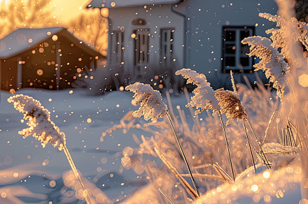 Winter landscape at sunset and house, a Nature Photo by Virgo Studio