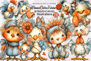 Whimsical Chicken Valentine Clipart, an Illustration by SVGArt