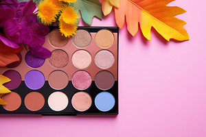 Makeup eyeshadow palette with flowers on pink background. Cosmetic products, a Beauty & Fashion Photo by AlyaAnd
