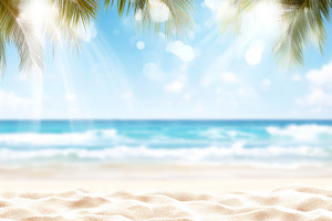 Blurred tropical beach with palm lea, a Photo by Dvoevnore photos