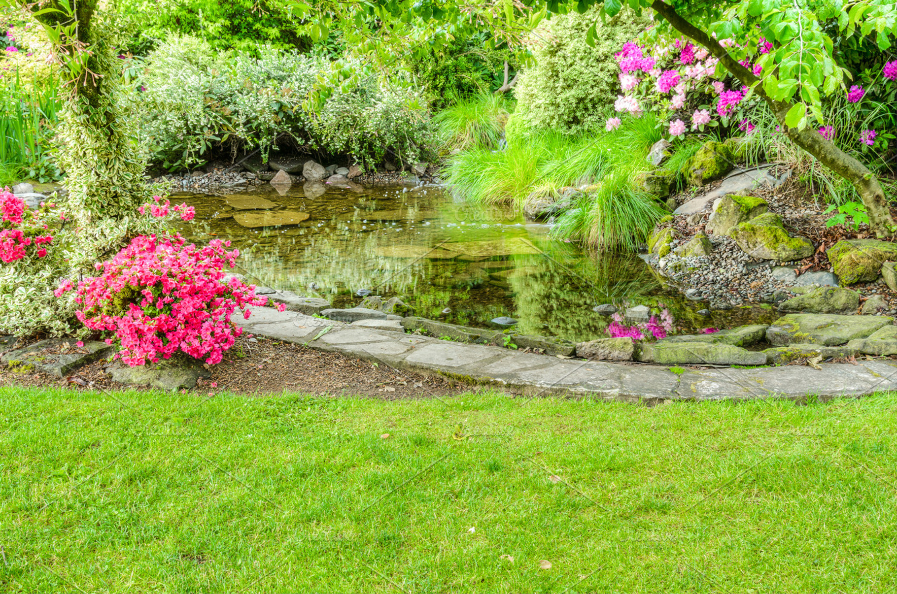 Landscaped Garden Scene With Pond