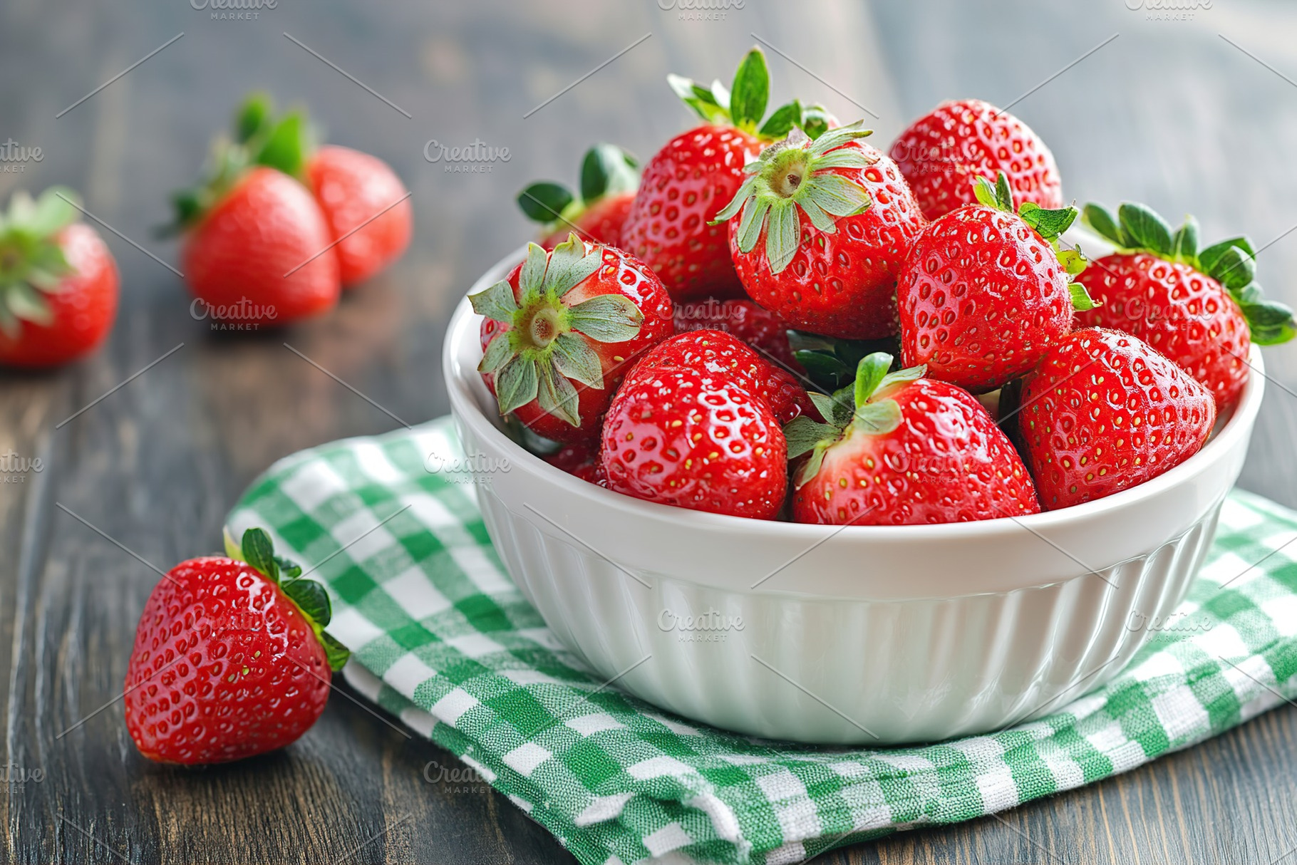 Ripe red strawberries arranged beautifully in a white bowl on a rustic wooden t, a Food & Drink Photo by AlyaAnd