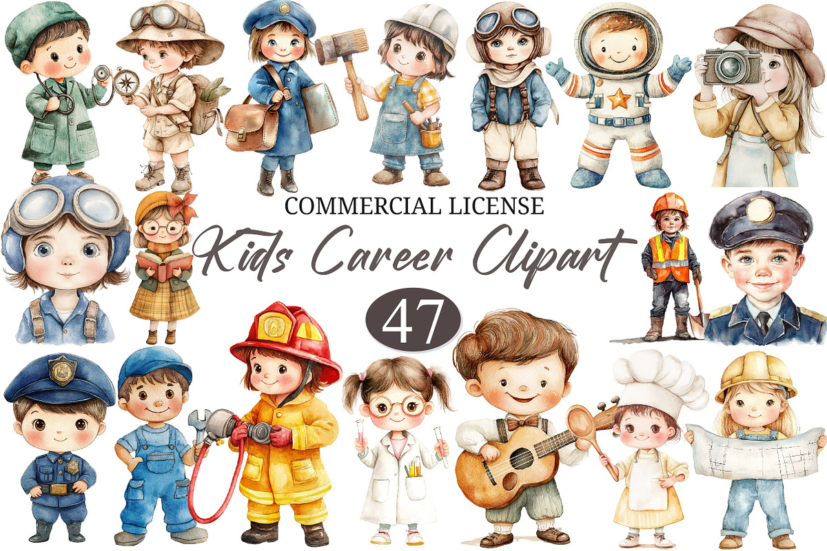 Watercolor Kids Career Clipart, a Seasonal Illustration by designcity5 (Photo 1 of 5)