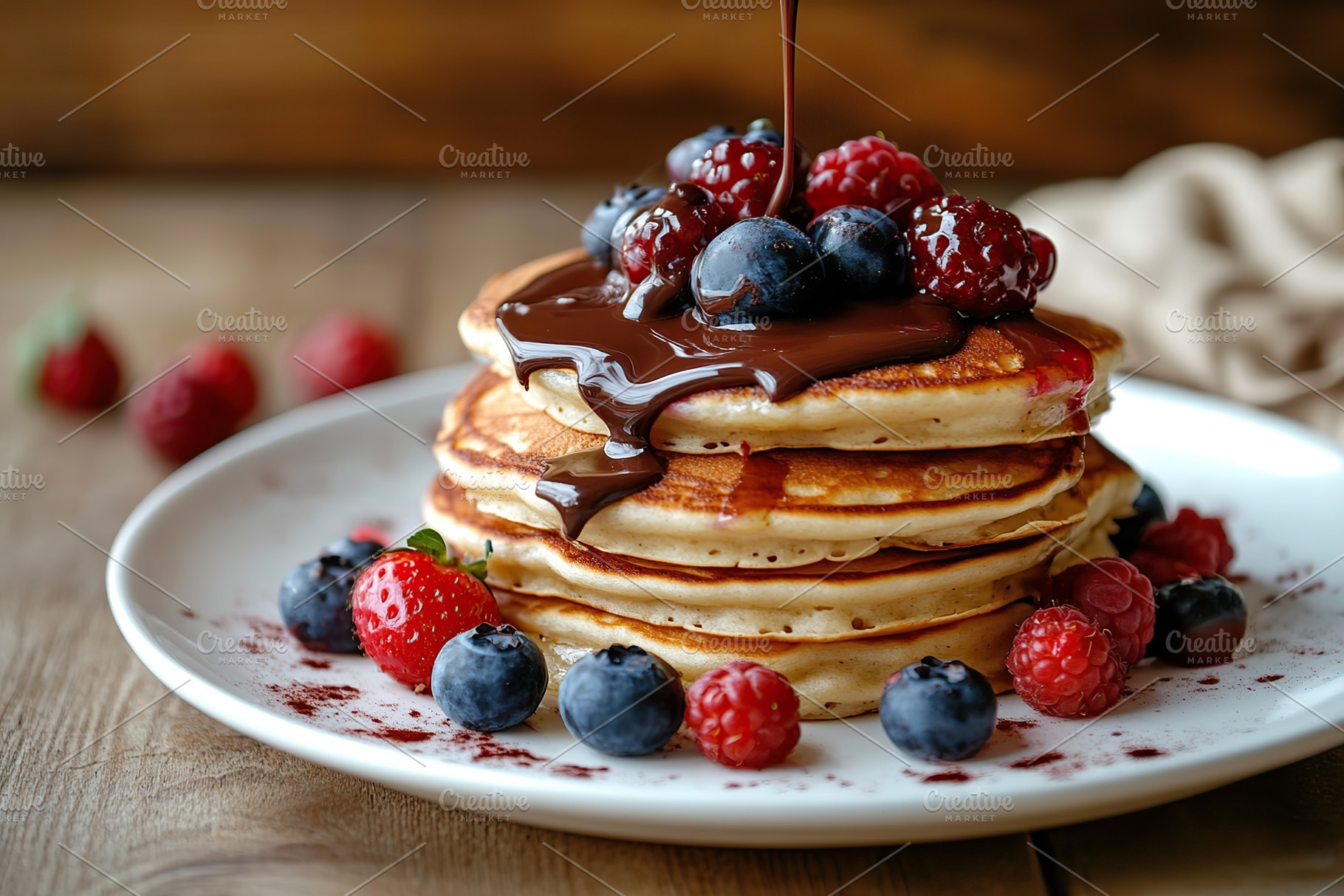 Delicious pancakes stacked high with melting chocolate and fresh berries ready, a Food & Drink Photo by AlyaAnd