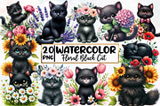 Watercolor Floral Black Cat Clipart, an Illustration by Designworld (Thumbnail 1 of 5)