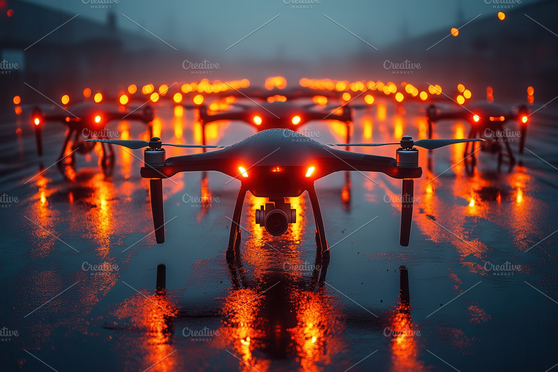 Drones illuminated by orange lights, a Photo by Tanuart