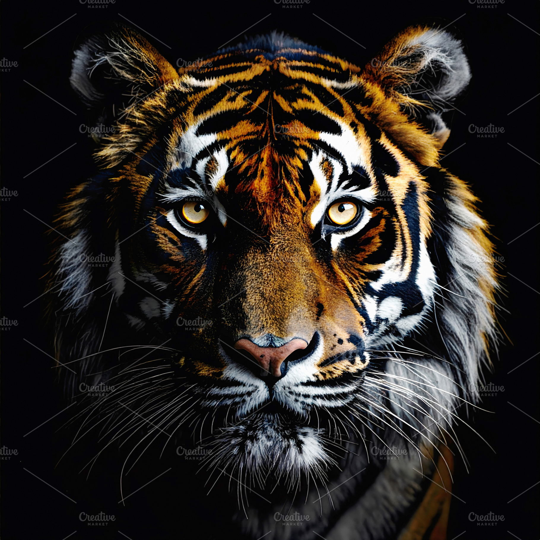 Majestic tiger face with piercing golden eyes in darkness, an Animal Photo by GoodGoods