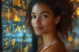 Confident Woman in Modern Business Environment with Digital Graphs Displayed, a Photo by AS photostudio